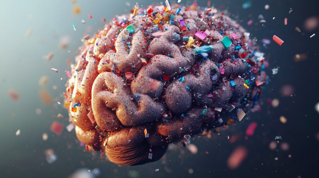 Close-up of human brain showing microplastics, highlighting pollution impact